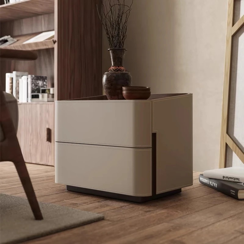 马鞍皮床头柜高级感实木抽屉简约意式床边柜客厅家用创意极简北欧