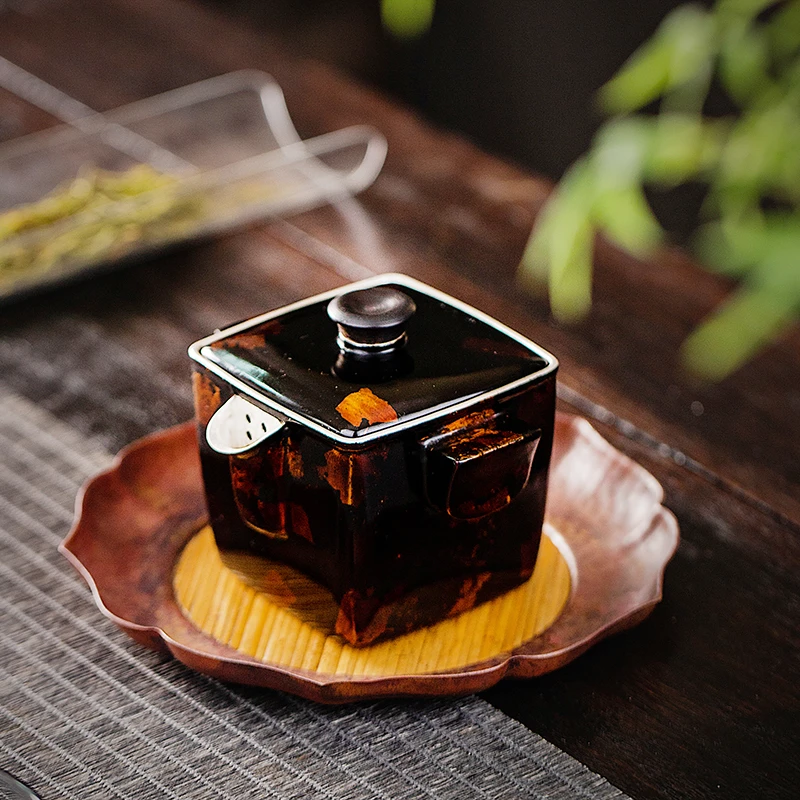 大漆手工枫叶紫砂茶壶999银轻奢中式家用流金泡茶壶漆器四方杯