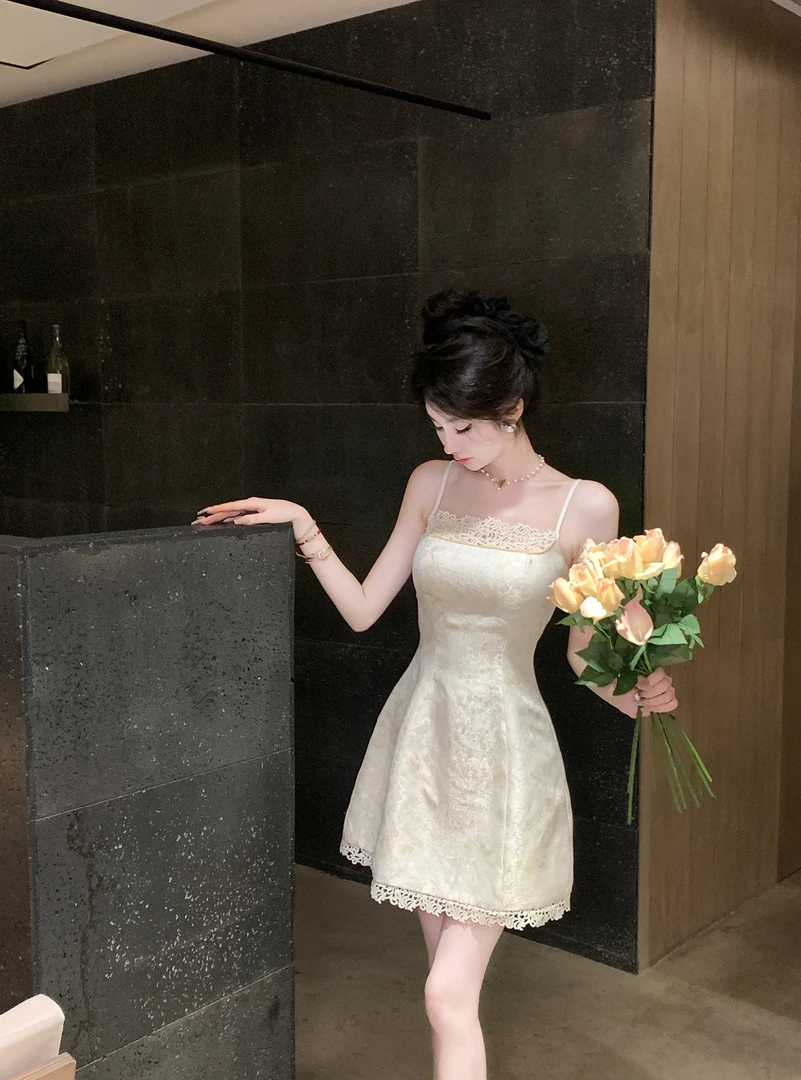 【雅乔定制】晨雾百合 提花蕾丝吊带连衣裙DYLX-24058134