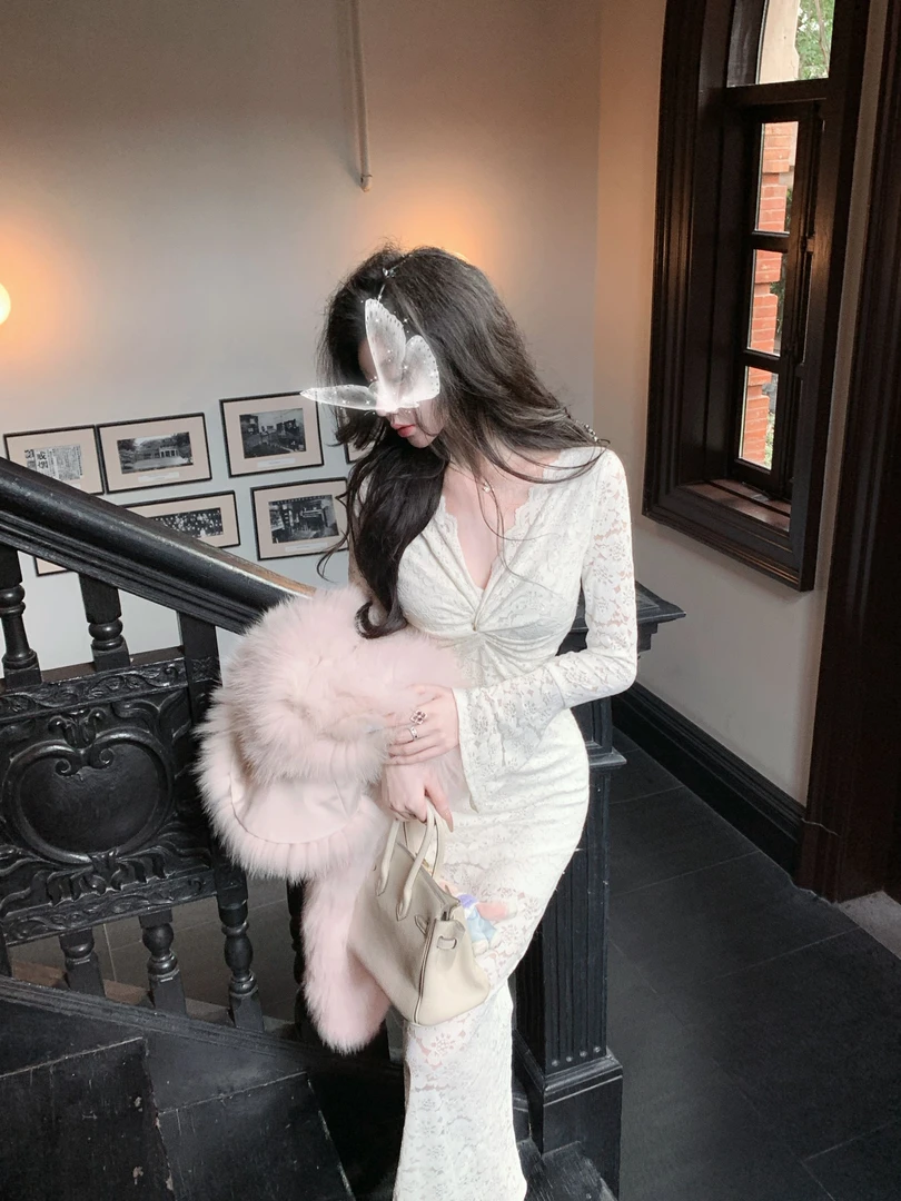 【雅乔定制】星光情诗 蕾丝V领长袖连衣裙DYLL-24076411