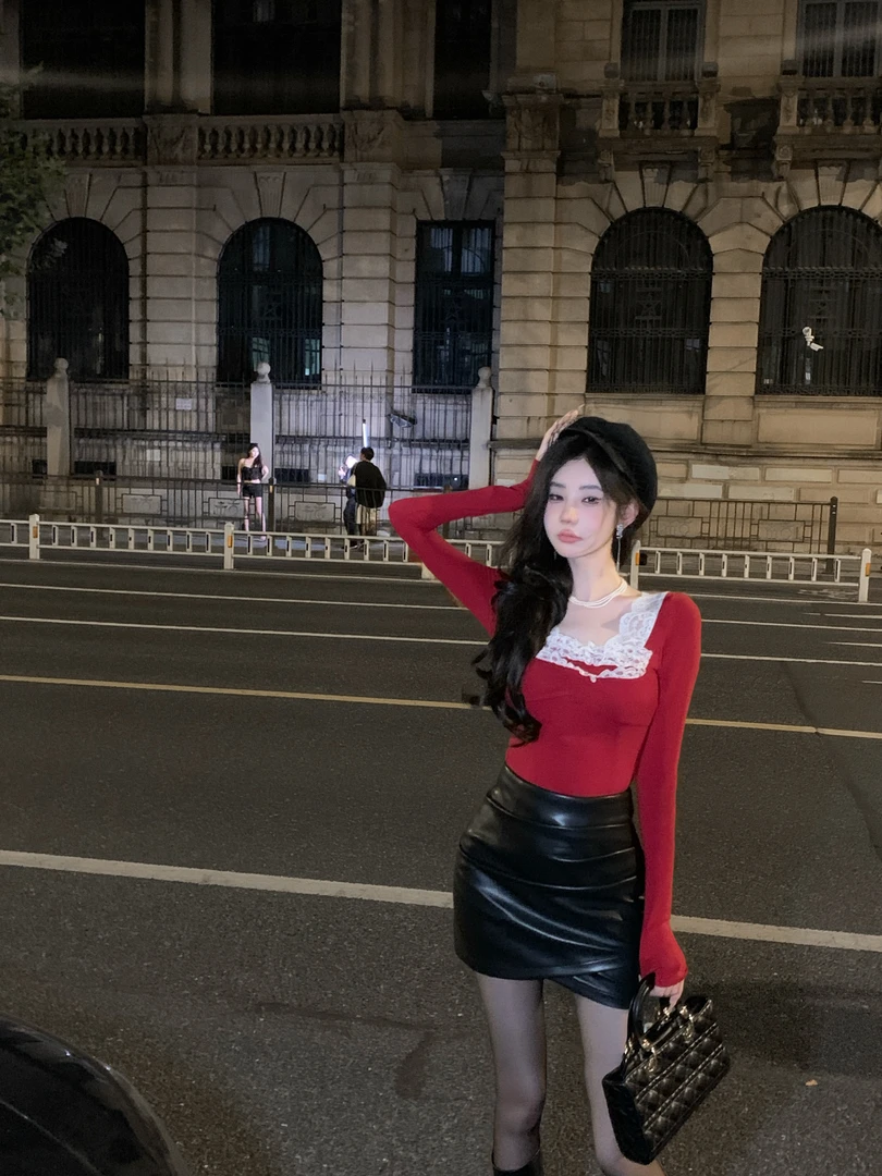 【雅乔定制】草莓蛋糕 红色蕾丝花边打底上衣DYTH-24063458