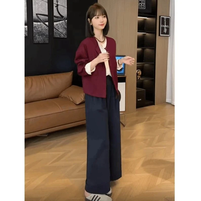 2024秋冬时尚气质假两件洋气上衣+高腰遮肚阔腿裤欧货穿搭套装女