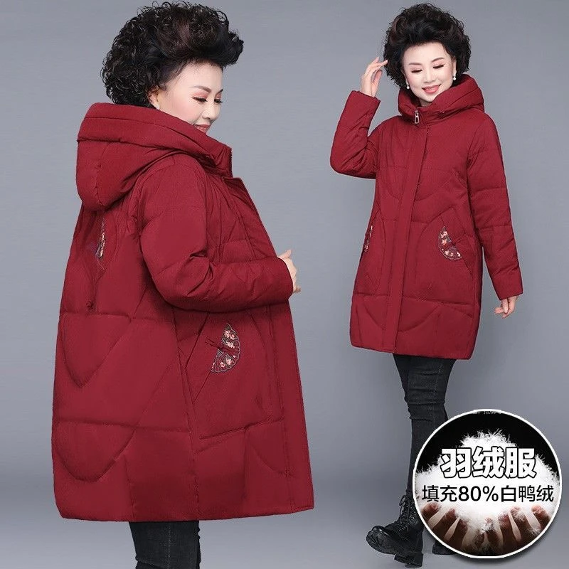 雅鹿新款中老年新款羽绒服女中长款加厚保暖加大码冬装外套中时尚