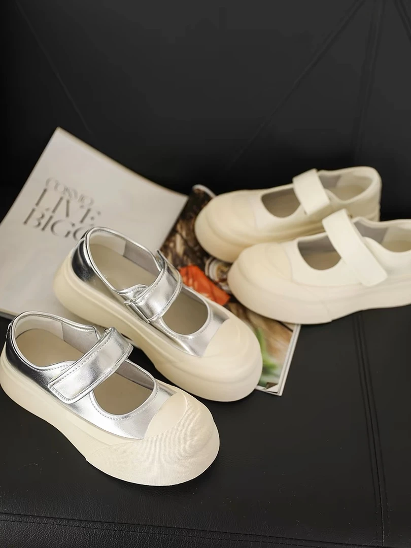 露思同款魔术贴大头松糕厚底增高新款圆头浅口玛丽珍小白鞋皮鞋女