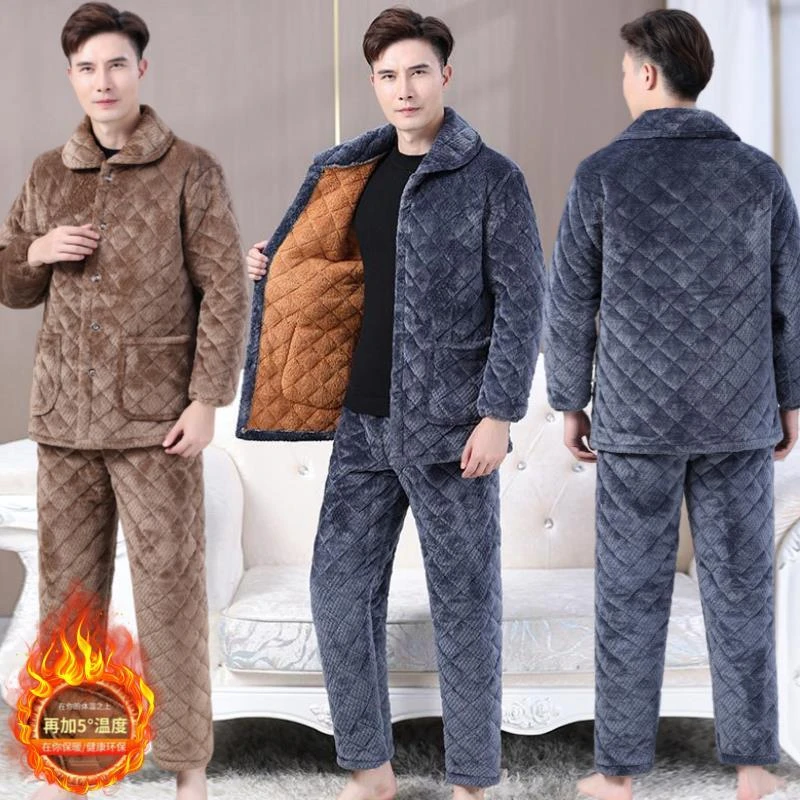 冬季男士加绒加厚三层夹棉大码冬款男款珊瑚绒男睡衣男家居服套装