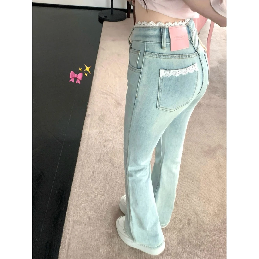 蕾丝拼接少女感微喇弹力牛仔裤女2024新款浅色高腰显瘦提臀喇叭裤