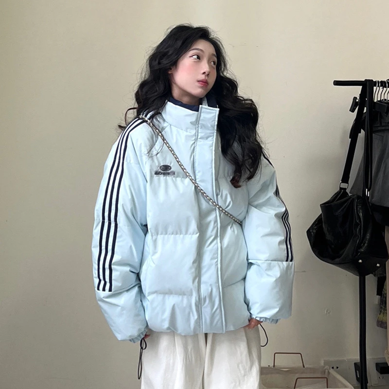 美式复古条纹拼接立领保暖棉服女冬季oversize加厚面包服棉衣外套