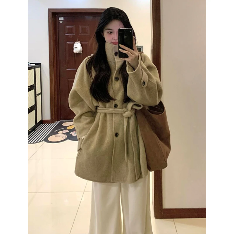卡其色呢子大衣女2024新款秋冬高级感宽松小个子冬季立领毛呢外套