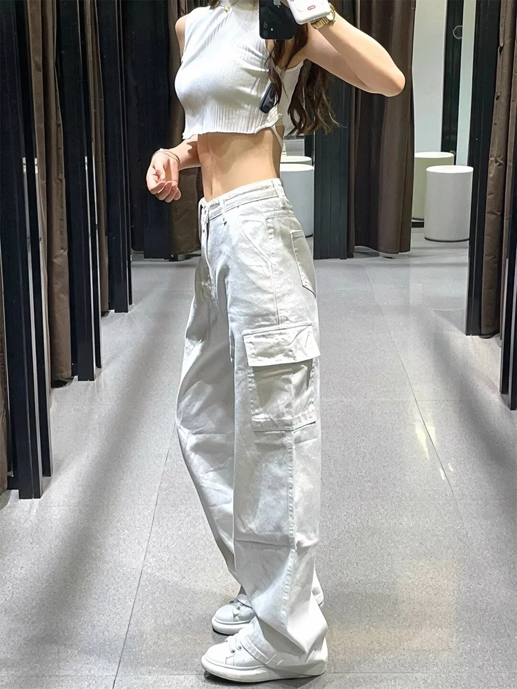 美式高街白色工装牛仔裤女秋季新款高腰宽松阔腿显瘦百搭直筒裤子