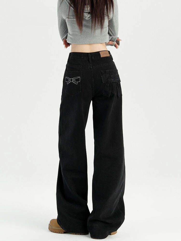 韩系黑色窄版阔腿牛仔裤女秋冬新款高腰显瘦刺绣直筒宽松拖地长裤