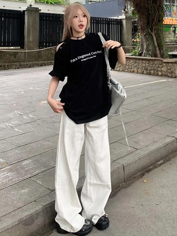 175高个子加长180白色高腰直筒牛仔裤女休闲阔腿显瘦宽松拖地裤子