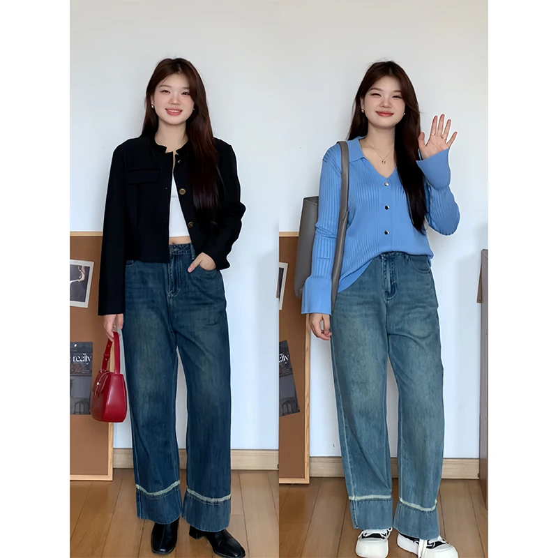 微胖的喵喵 大码梨形mm春季显瘦宽松休闲百搭直筒牛仔裤子女 5470