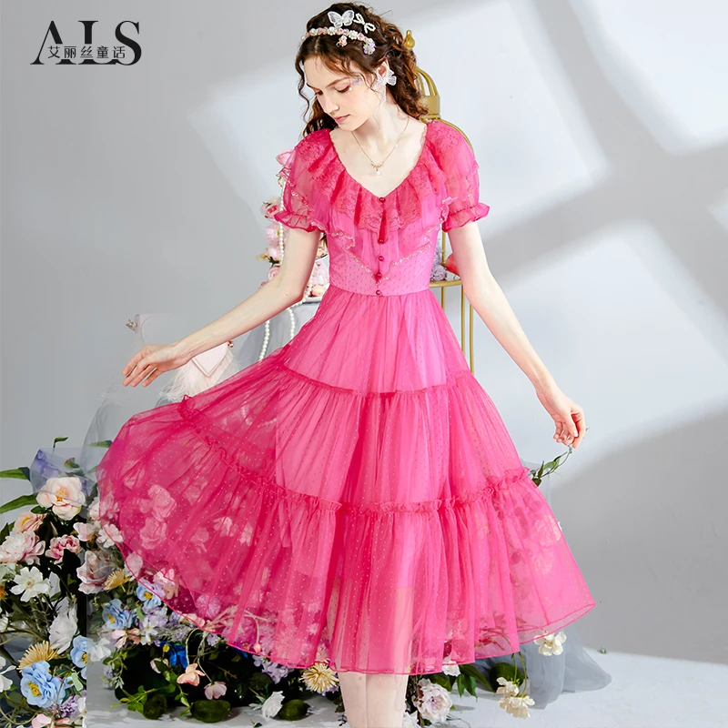 【粉黛佳人】艾丽丝夏季优雅蕾丝公主裙中长款蛋糕连衣裙HL157XH
