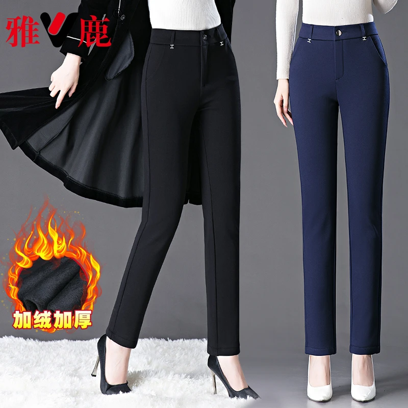 V/雅鹿加绒加厚直筒休闲女裤秋冬季高腰弹力女士长裤中年妈妈裤子