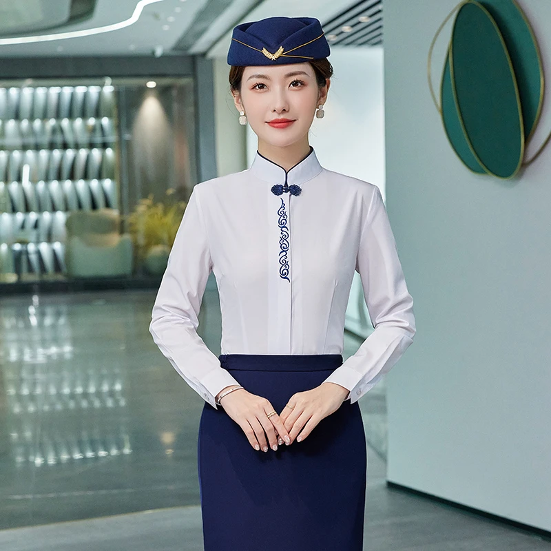 长袖职业衬衫女修身酒店服务员餐厅足浴技师中式立领工作服秋季