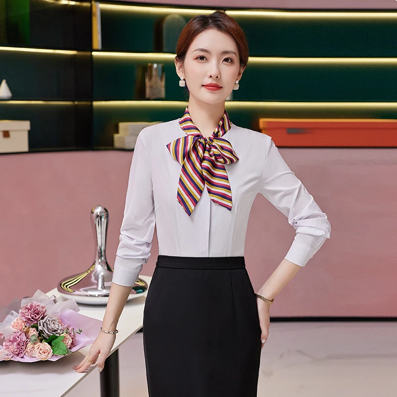 蝴蝶结衬衫女职业秋酒店前台工作装长袖餐厅服务员工作服衬衣上衣