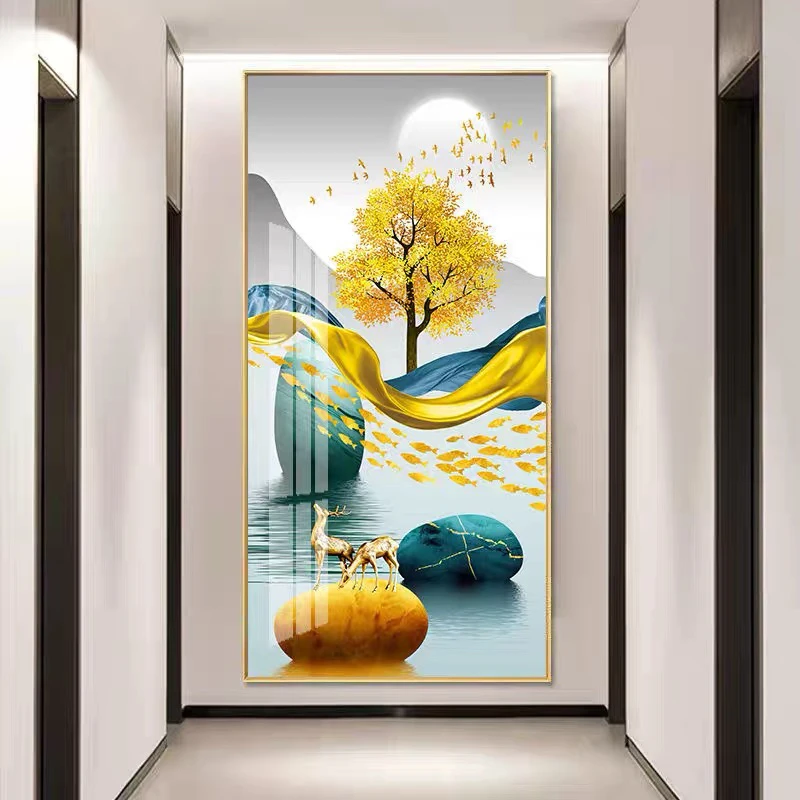轻奢玄关装饰画黄金满地走廊尽头挂画现代简约大气入户门过道壁画