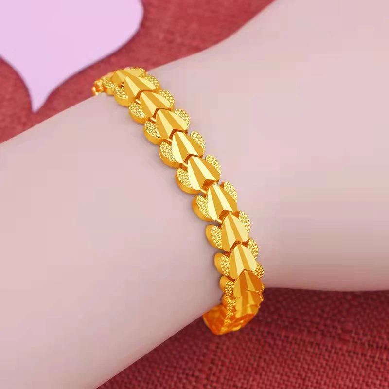 合金手链 双心手链 女士金色拼接可调节磨砂雕刻精美金枝玉叶素款