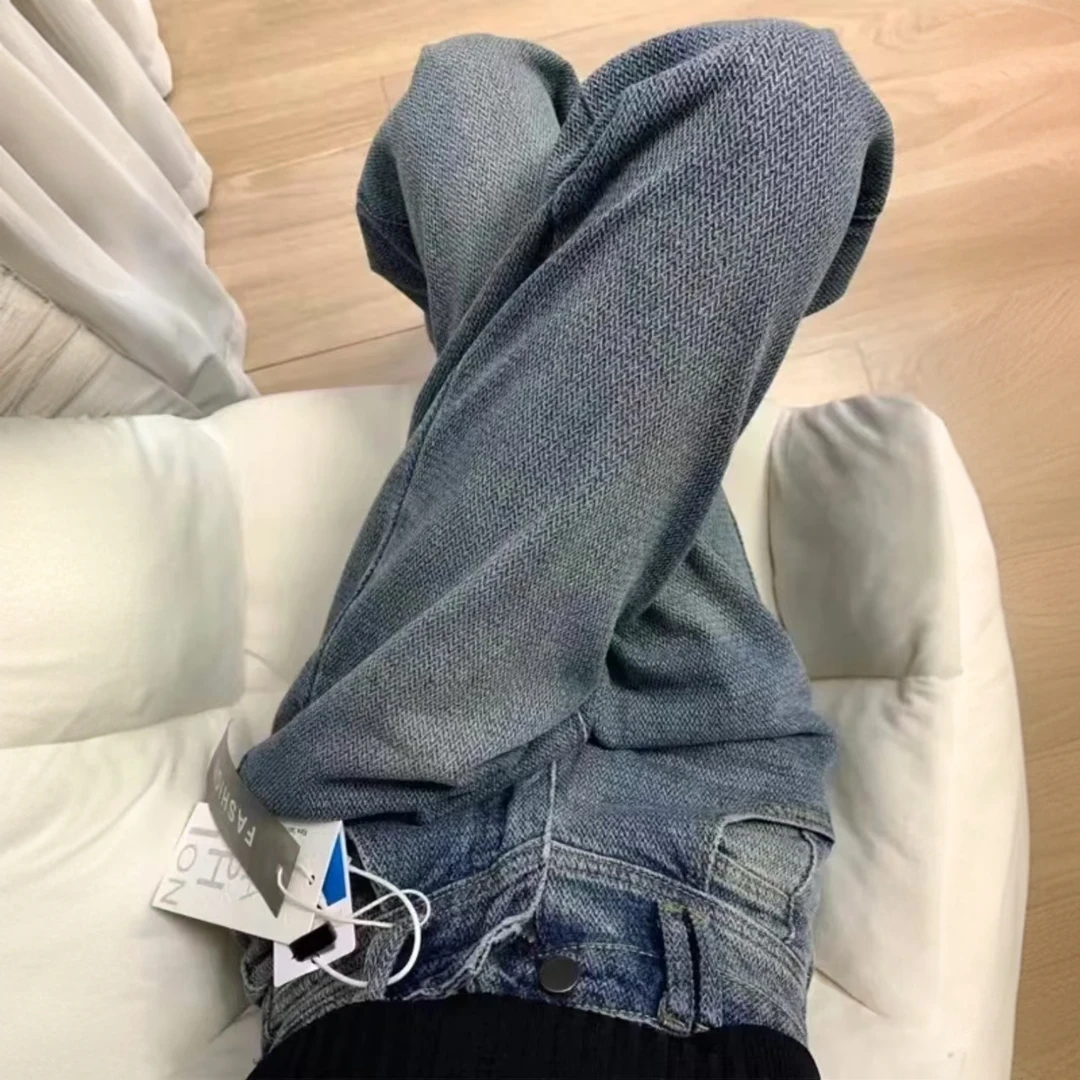 【现货】高腰直筒麦穗牛仔裤女大码胖mm新款遮胯显瘦宽松阔腿