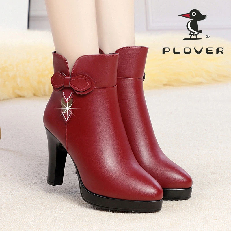 PLOVER冬季新款短靴防水台高跟鞋女防滑保暖女士皮靴时尚百搭棉鞋