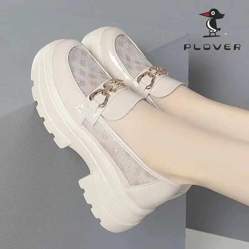 PLOVER夏季爆款英伦风网面乐福鞋透气百搭软皮增高圆头网面女凉鞋