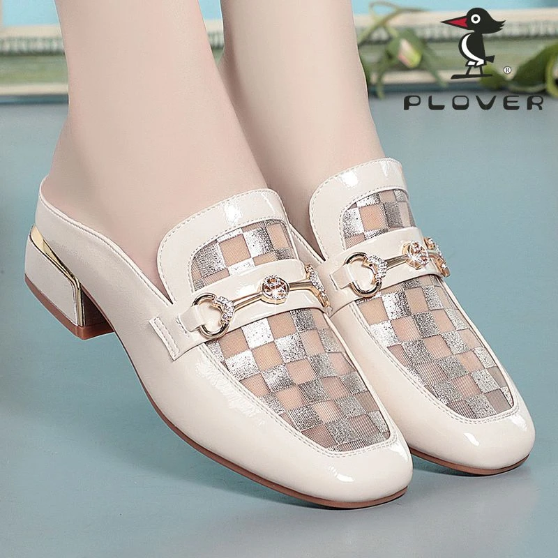 PLOVER春夏新款女士网面拖鞋穆勒鞋低跟女鞋乐福鞋一脚蹬女式皮鞋