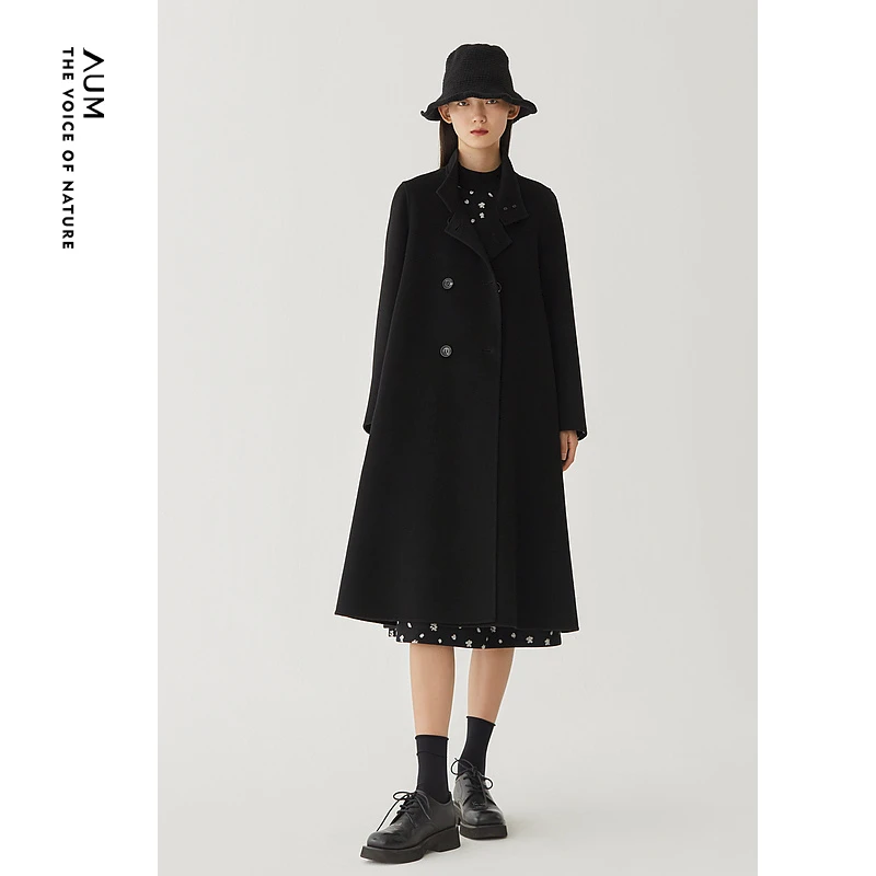 AUM/噢姆气质休闲羊毛大衣立领双排扣文艺风外套M1CX4802D