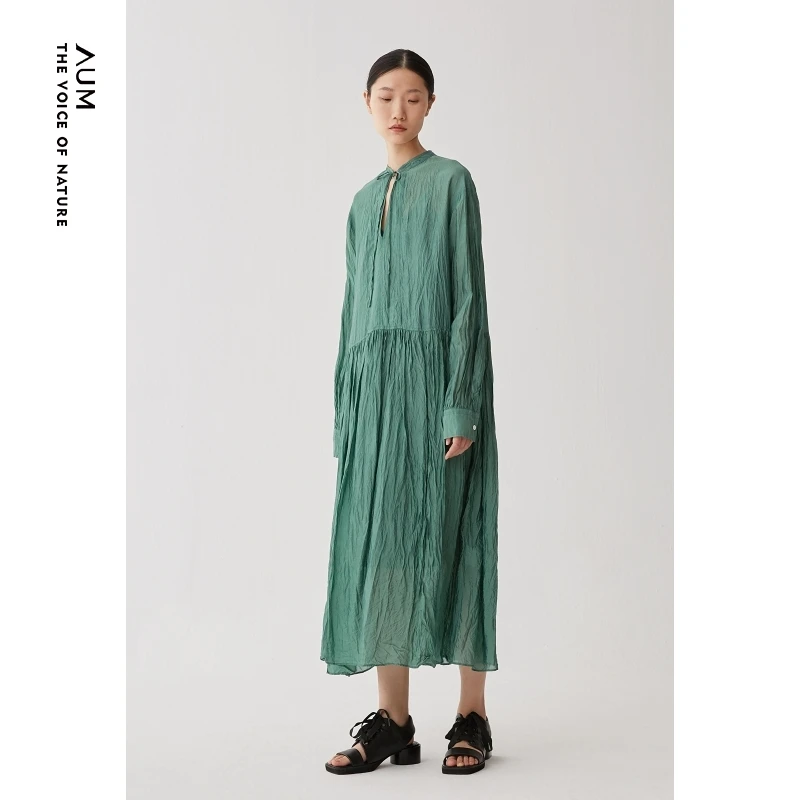 【羊羊专享】AUM/噢姆自然肌理纯色复古文艺绿色连衣裙MADE10036