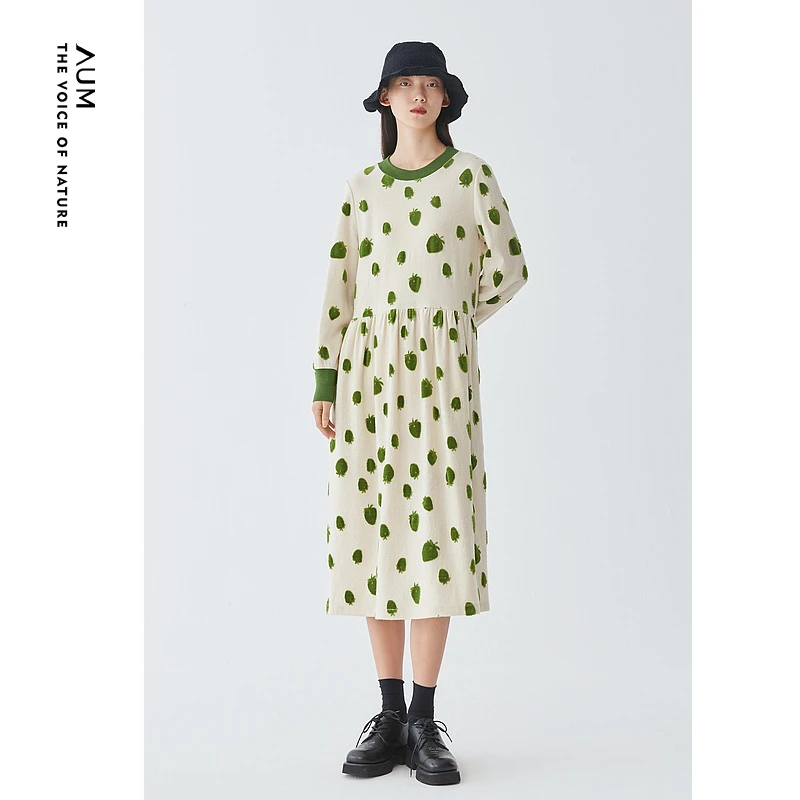 AUM/噢姆秋季文艺气质长袖宽松复古羊毛满印提花连衣裙M1BW49786
