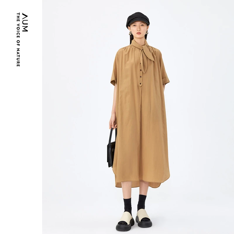 【辛小北精选】AUM/噢姆夏法式时尚通勤气质纯色不规则下摆连衣裙