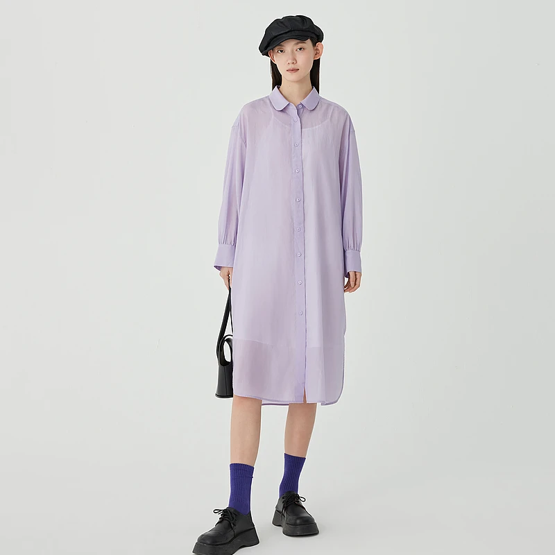 AUM/噢姆休闲时尚长袖薄款衬衫裙桑蚕丝春季女士连衣裙M1DE11266