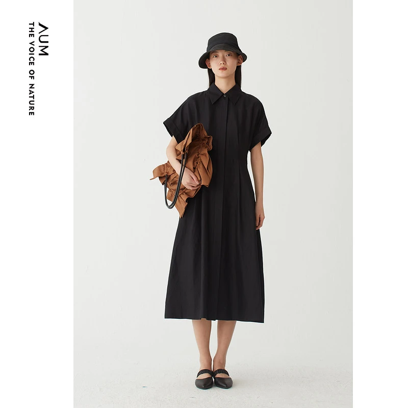 【晨晨甄选】AUM/噢姆设计黑色衬衫收腰连衣裙显瘦M1CX25286