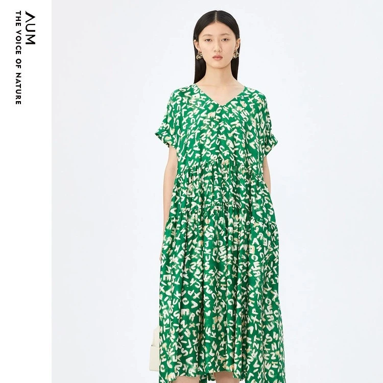【fafa裙-夏日短歌】漫游AUM假日风植物系自然印花连衣裙M1DE21956