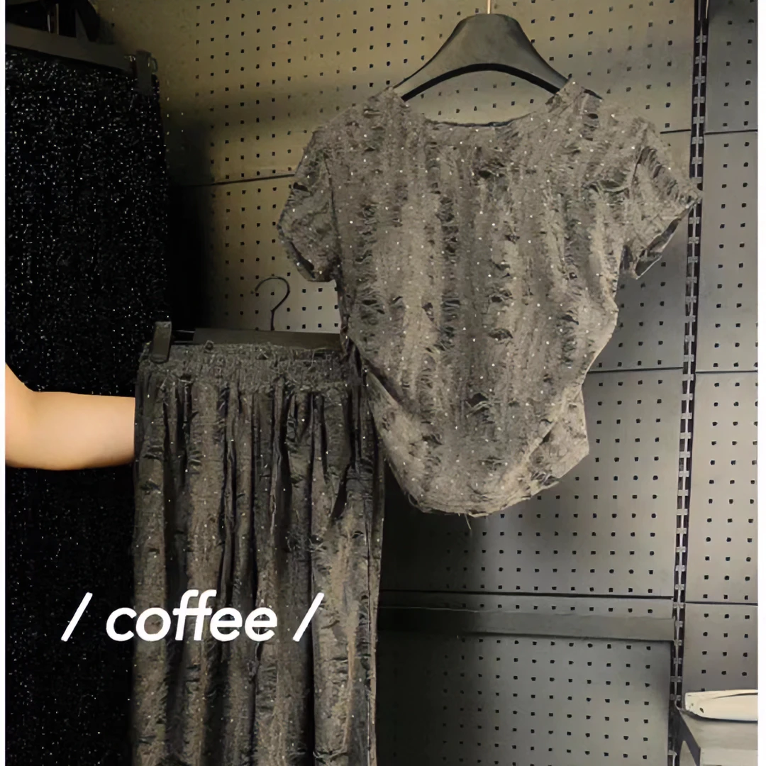 【镶钻套装】破洞气质重工镶钻圆领t恤打底衫+长裤俩件套#8943