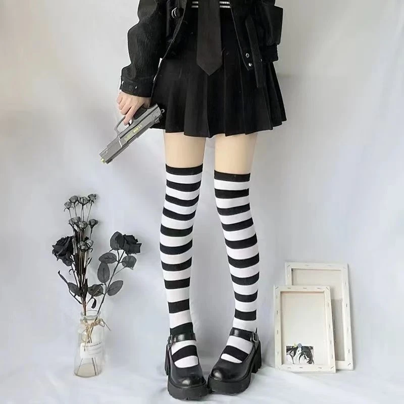 黑灰堆袜过膝袜日系cosplay动漫亚比朋克y2k辣妹黑白显瘦jk大腿袜