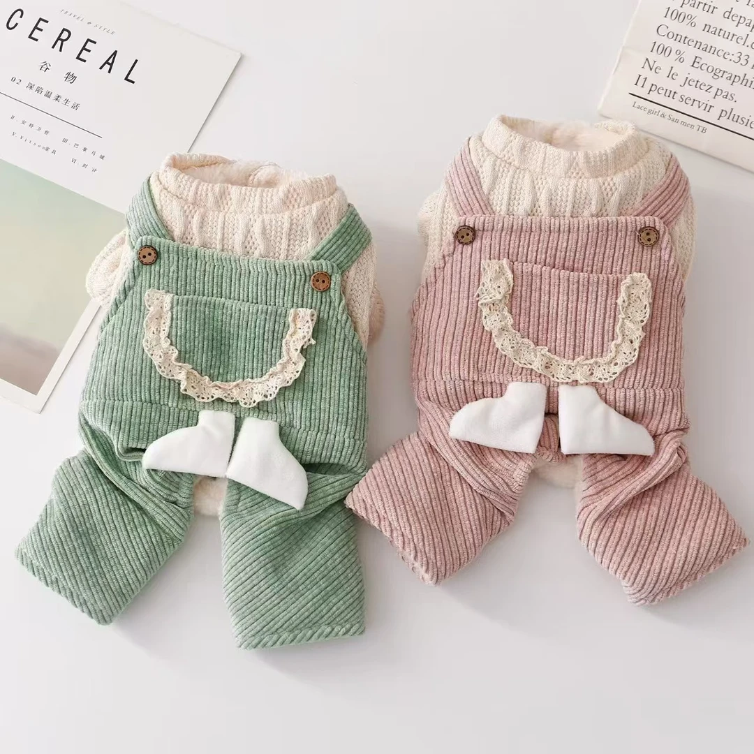 秋冬款宠物衣服狗狗服装猫衣服加绒加厚灯芯条背带四脚贵宾狗衣服