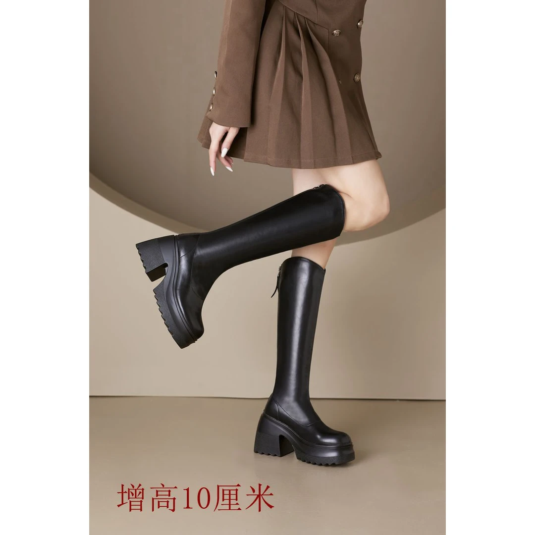 粗跟长筒增高靴子女2023年新款不过膝长靴春高跟骑士靴厚底瘦瘦靴