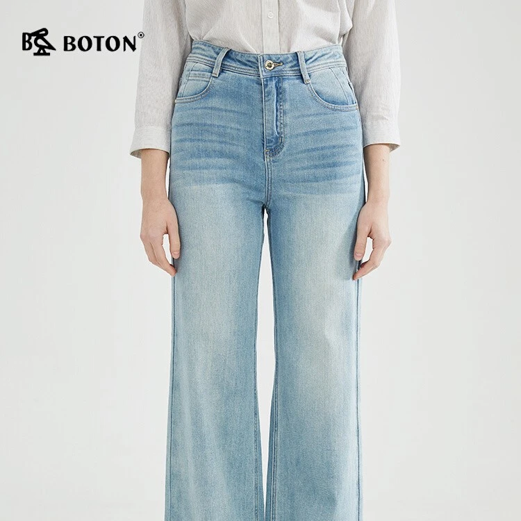 Boton/波顿新款高端女高腰牛仔阔腿裤宽松慵懒休闲女士牛仔裤显瘦