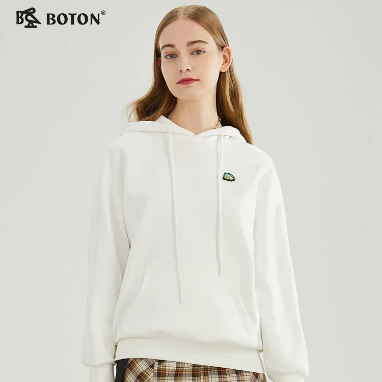 Boton/波顿春秋新款高端女士白色连帽卫衣落肩百搭宽松印花时尚