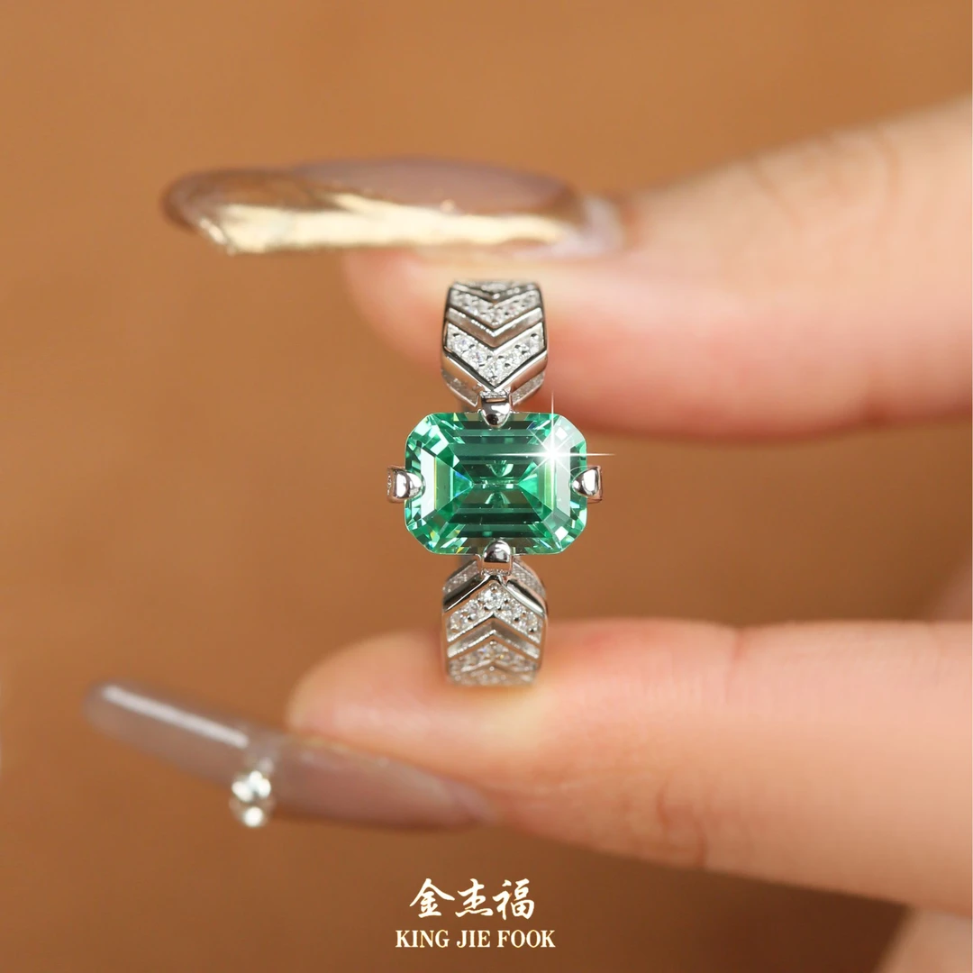925银戒指 金杰福 s925银3克拉祖母切工臂玺湖绿色轻奢气质戒指