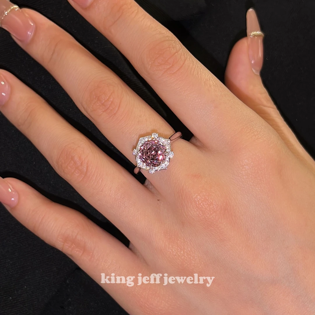 925银戒指 金杰福高定系列s925银2克拉千禧紫色玫瑰切戒指