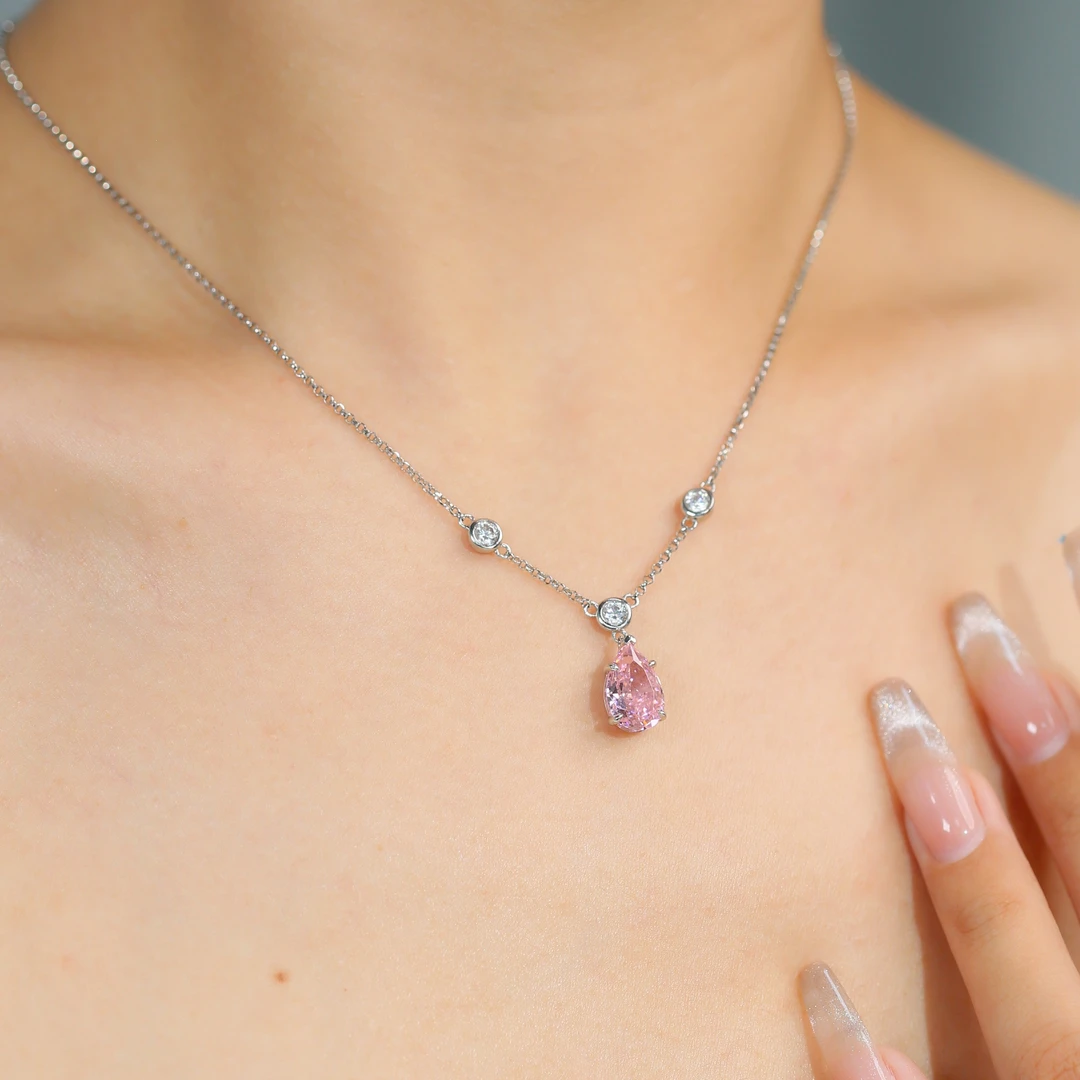 坠链均925银 金杰福 s925银樱花粉3克拉水滴梨形时尚气质锁骨项链