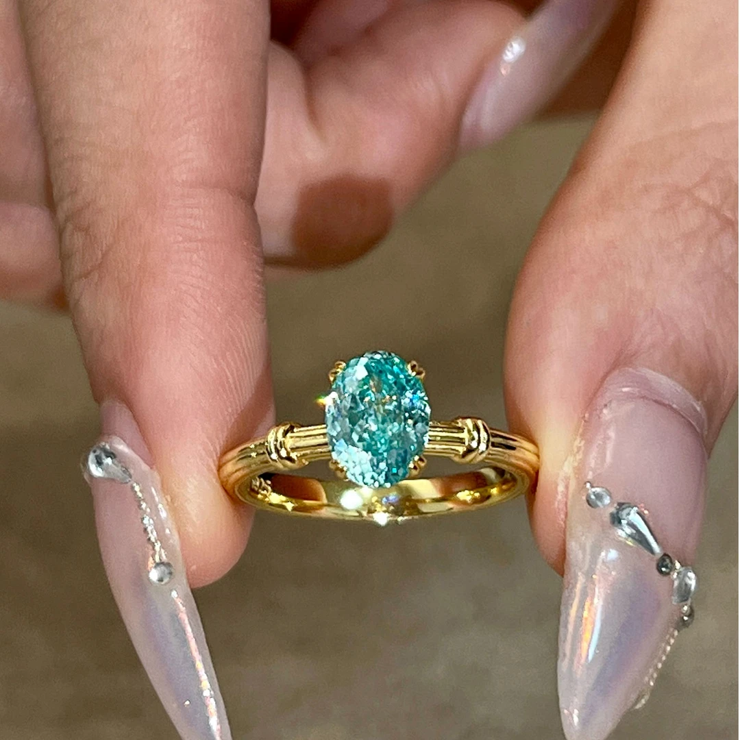 925银戒指 金杰福 vintage竹节厚镀真金帕拉伊巴海水意境风戒指