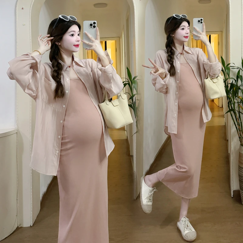 2024孕妇套装夏季新款遮肚显瘦吊带连衣裙薄款防晒开衫时髦两件套
