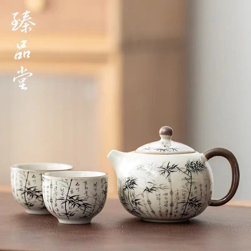 汝窑墨竹泡茶壶一壶二杯家用功夫茶杯盖碗小套装茶具套装手工大号