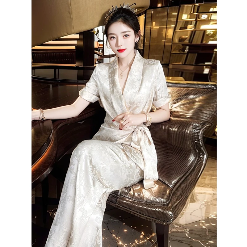 夏季高端欧货时尚醋酸提花舒适休闲v领短袖衬衫阔腿裤两件套装女