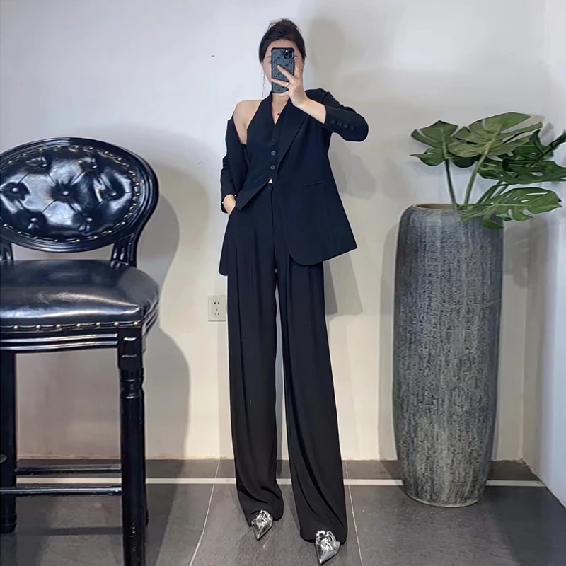 纯色通勤职业装2025春秋新款御姐气质西装马甲阔腿裤套装三件套春