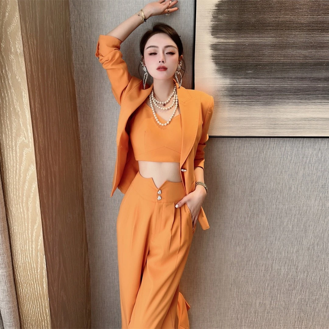 纯色高端御姐炸街洋气时髦西装套装气质女神范西装阔腿裤三件套女