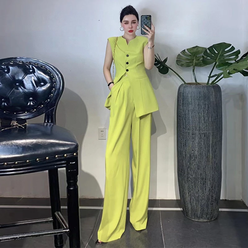 2025夏季高级感时尚套装御姐气质简约设计感西装马甲阔腿裤两件套
