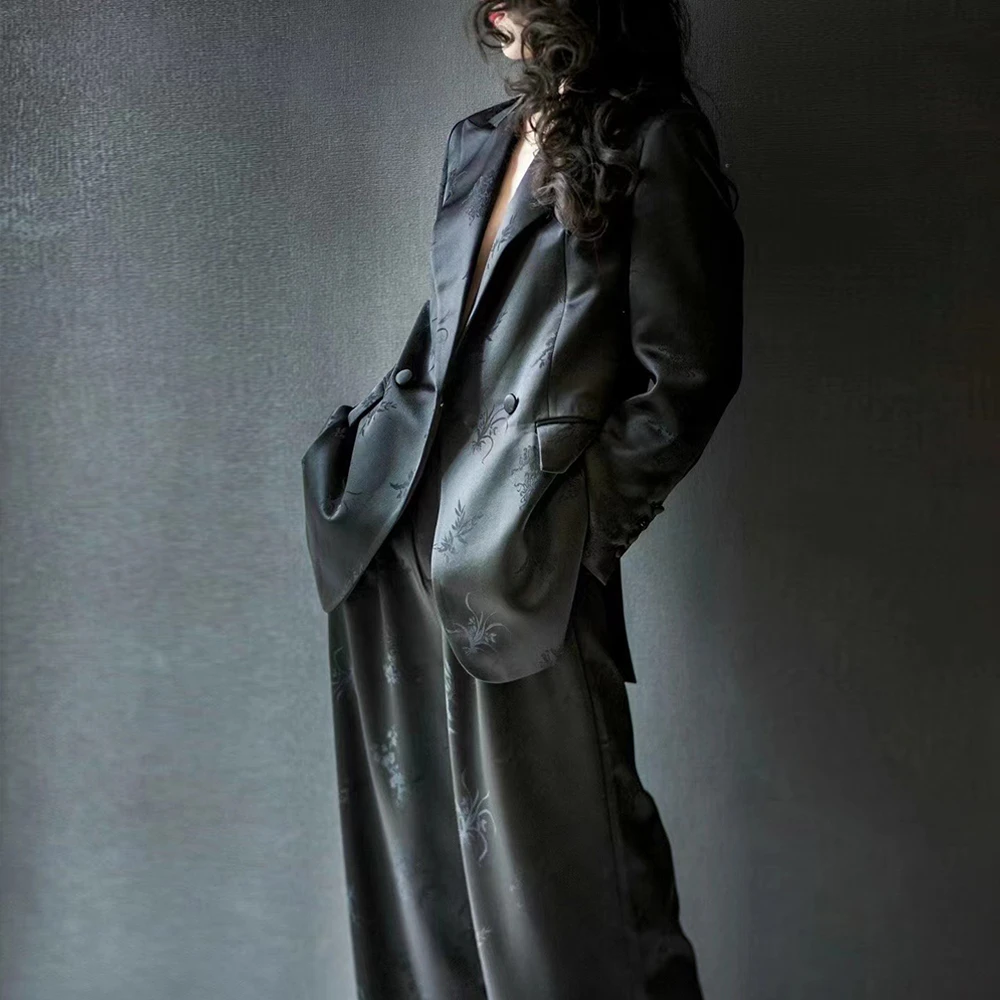 高端职业装女2025春秋老钱风黑色醋酸提花宽松西装阔腿裤两件套